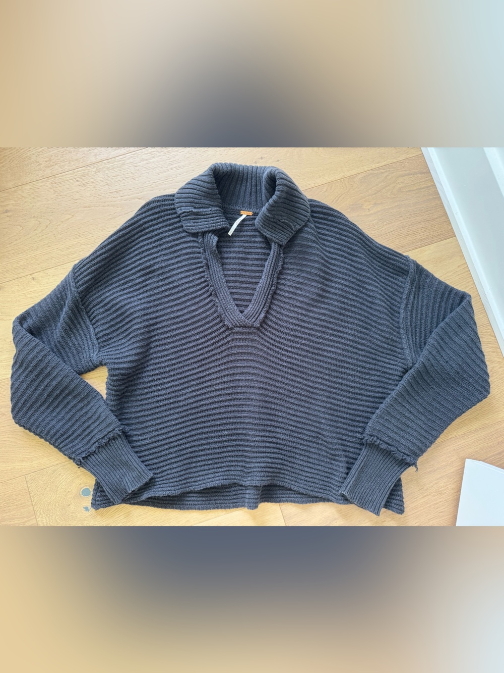 Free People Ribbed V-Neck Collared Sweater in Charcoal Gray